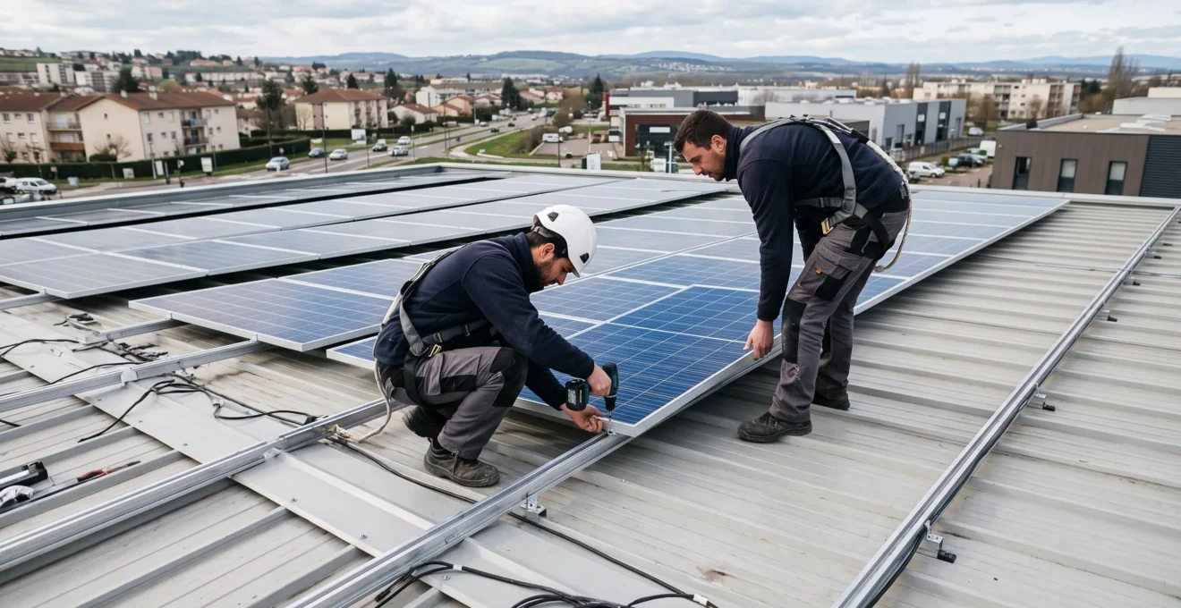 Professional installers mounting solar photovoltaic panels on the rooftop of a French commercial building