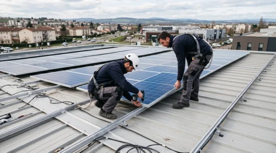 Professional installers mounting solar photovoltaic panels on the rooftop of a French commercial building