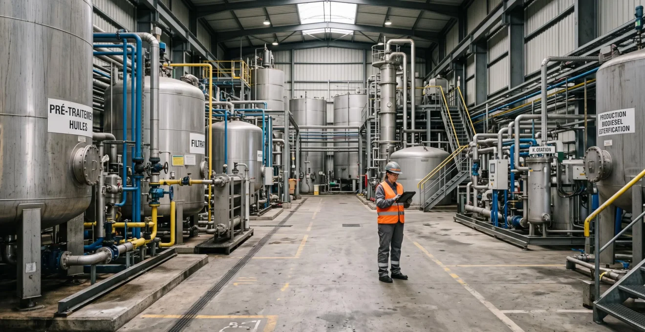 Installation industrielle de raffinage transformant l'huile alimentaire usagée collectée en biocarburant dans une usine de valorisation