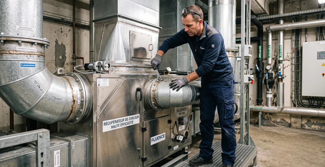 Technician installing a high-efficiency heat recovery ventilation system in an industrial facility