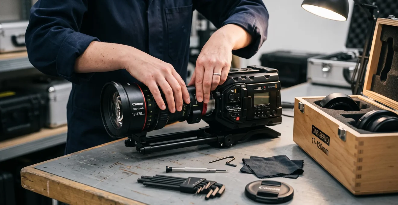 Mains d'un technicien fixant un objectif de cinéma sur un boîtier de caméra professionnelle sur un plan de travail