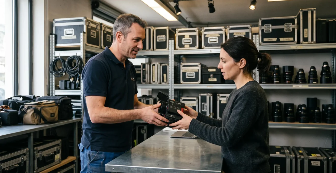 Technicien d'un magasin de location audiovisuelle remettant une caméra professionnelle à un client au comptoir