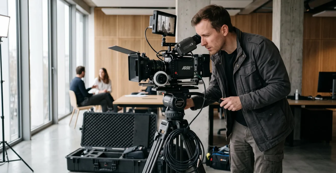 Vidéaste filmant avec une caméra de cinéma professionnelle montée sur trépied lors d'un tournage en intérieur
