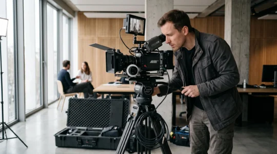 Vidéaste filmant avec une caméra de cinéma professionnelle montée sur trépied lors d'un tournage en intérieur